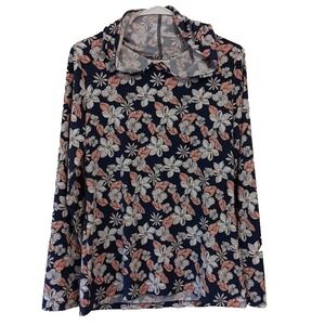 Aspen Long Sleeve Shirt Womens Medium Navy Floral Cowl Neck Stretch Pullover